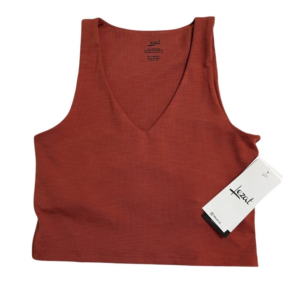 NWT Lezat Rib Eco Active Square Neck Pull Over Rust Crop V-Neck Tank Top-Large